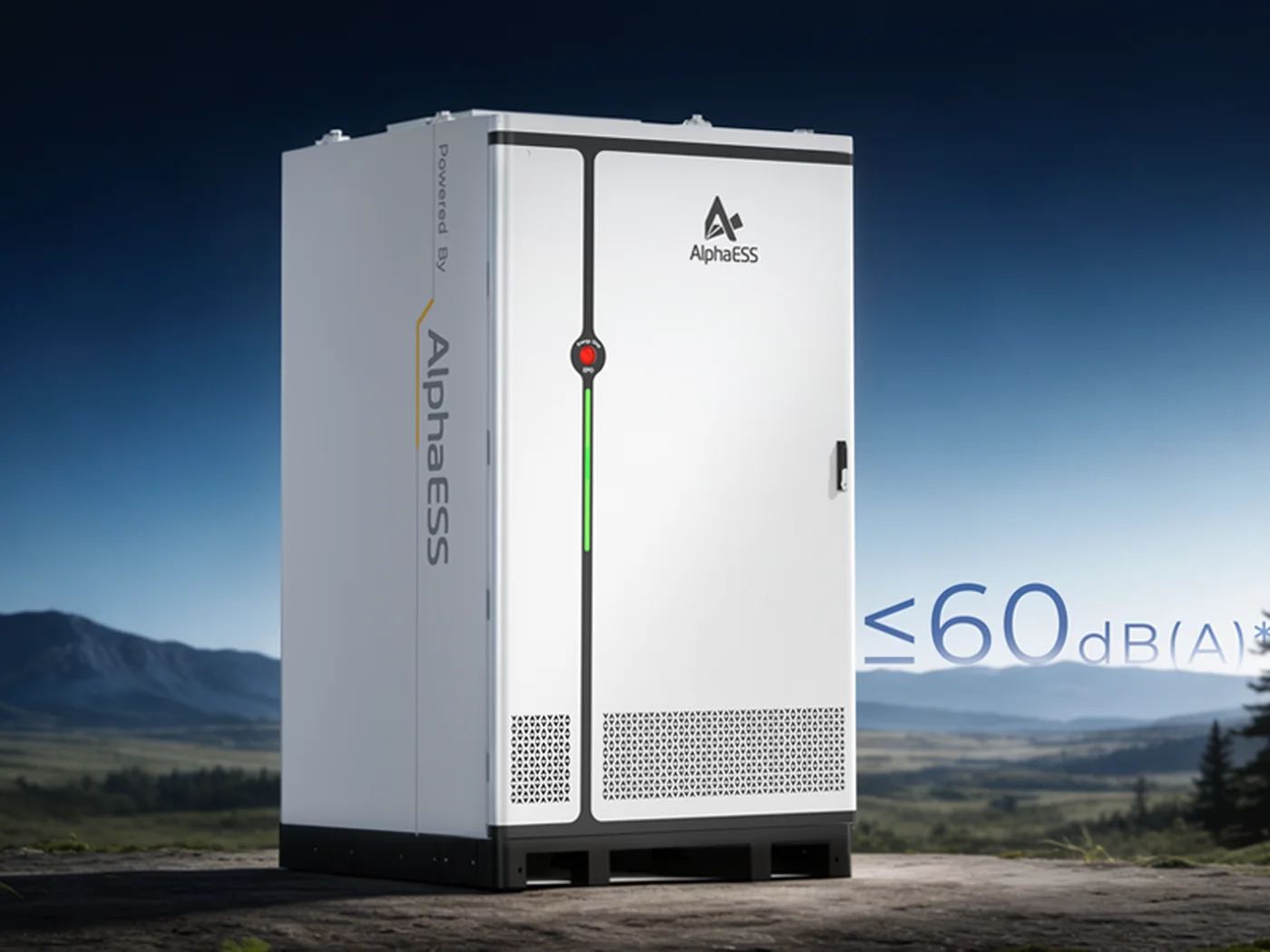 STORION-LC-TB150 on a base frame outdoors — noise level ≤ 60 dB(A), AlphaESS render